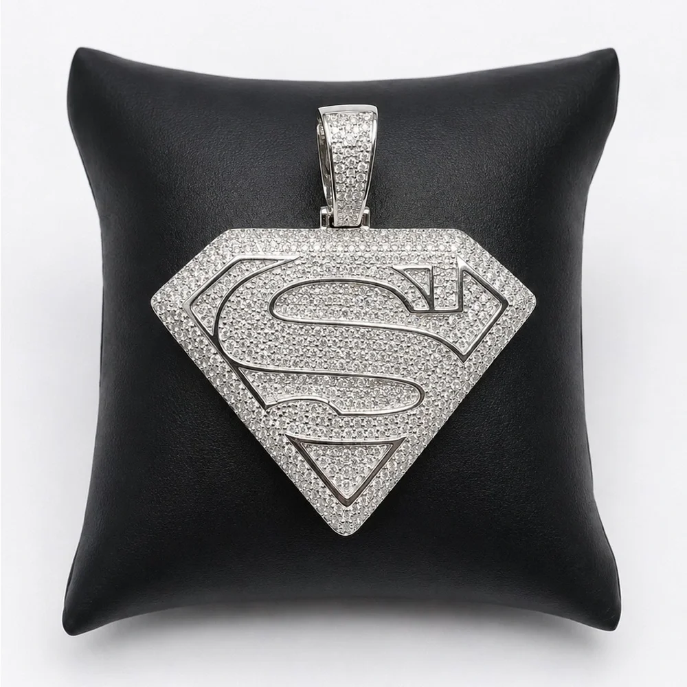 925 Sterling Silver Pave Superman Pendant 3.30CTW  MOISSANITE
